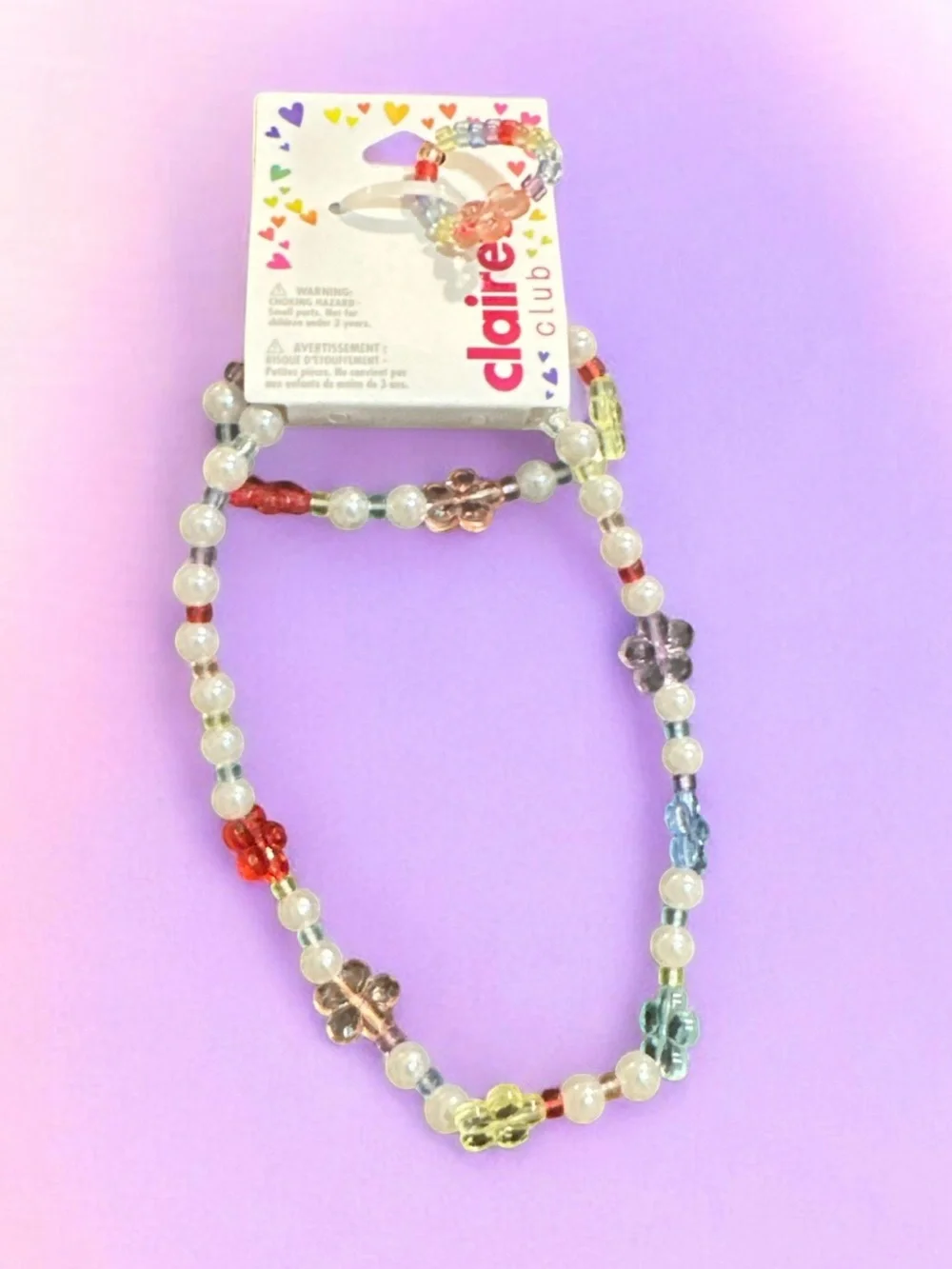 Claire's Pearl Bead Necklace with Multicolor Flower Charms 1058